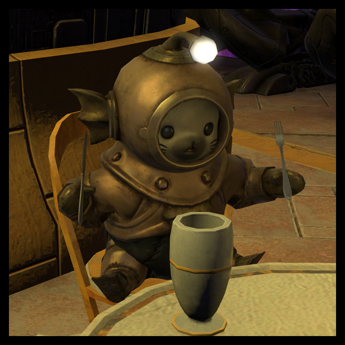 A picture of a happy Grebuloff, about to enjoy its soup.